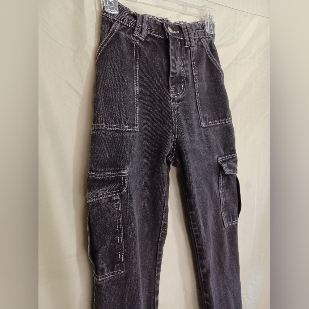 Black Cargo Jeans High Waist Wide Straight Leg Trousers - Picture 4 of 11